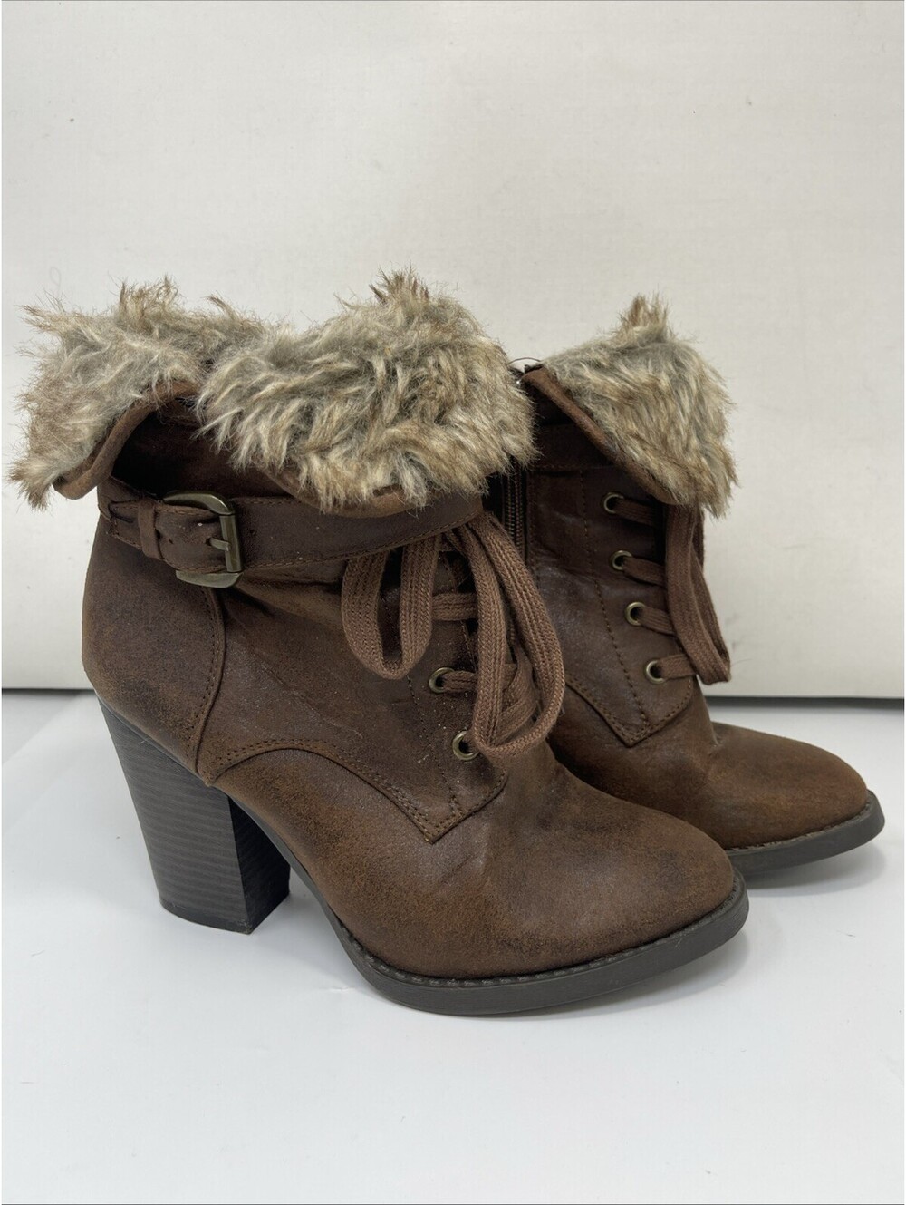 Charlotte Russ Rhea Women's Fur-Lined Boots 3.5" Block Heel Brown Size 8